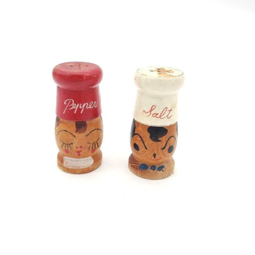 Vintage Wooden Little Chef Salt & Pepper Shakers 1960s Red White Kitschy Painted